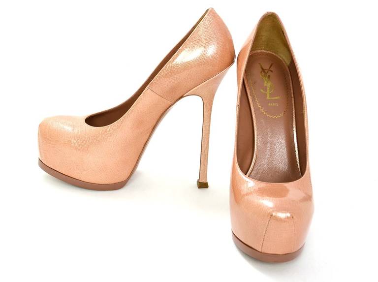 Women's Yves Saint Laurent YSL Nude Patent Leather Tribtoo Platform Shoes sz.38