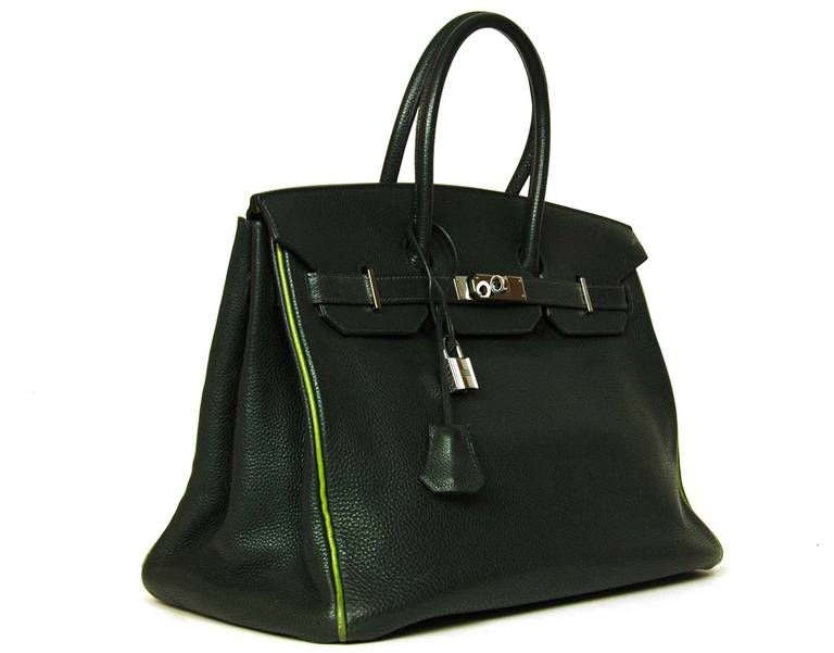 c. 2005 - Blind stamped I in a square
35cm Birkin bag
Tri-color special order in three shades of green
Vert Fonce dark green Togo leather body
Chartreuse green lining and Vert Anis piping
Ruthenium hardware
Stamped: HERMES PARIS MADE IN