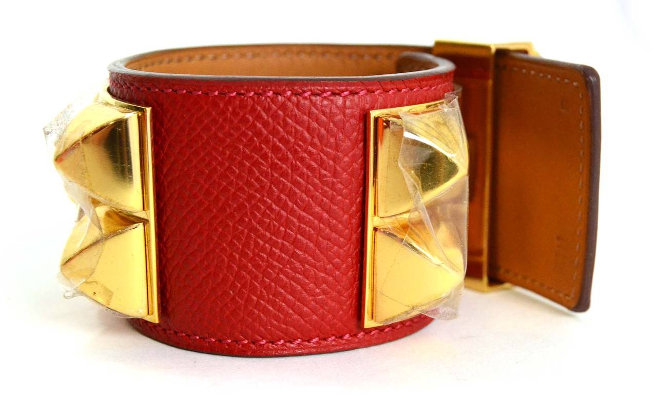 Women's HERMES Rouge Casaque Red Epsom Collier De Chien CDC Cuff Bracelet GHW