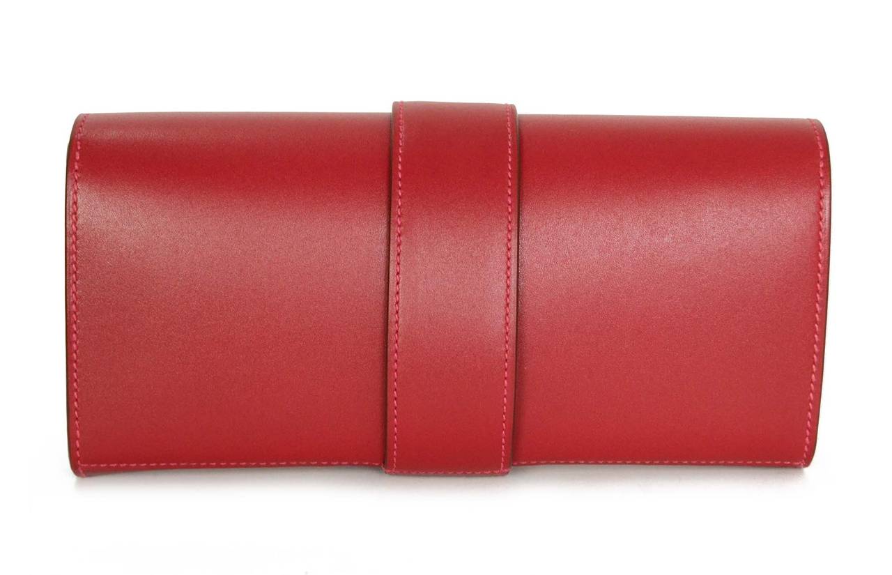 Pink HERMES Rouge Vif Tadelakt Leather 23cm Medor Clutch Bag PHW