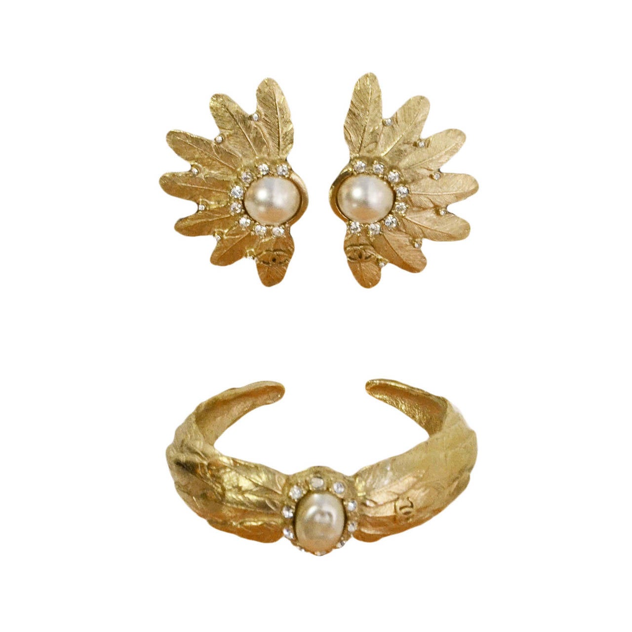 Chanel Pale Gold Pearl Cuff Bracelet & Clip On Earrings Set