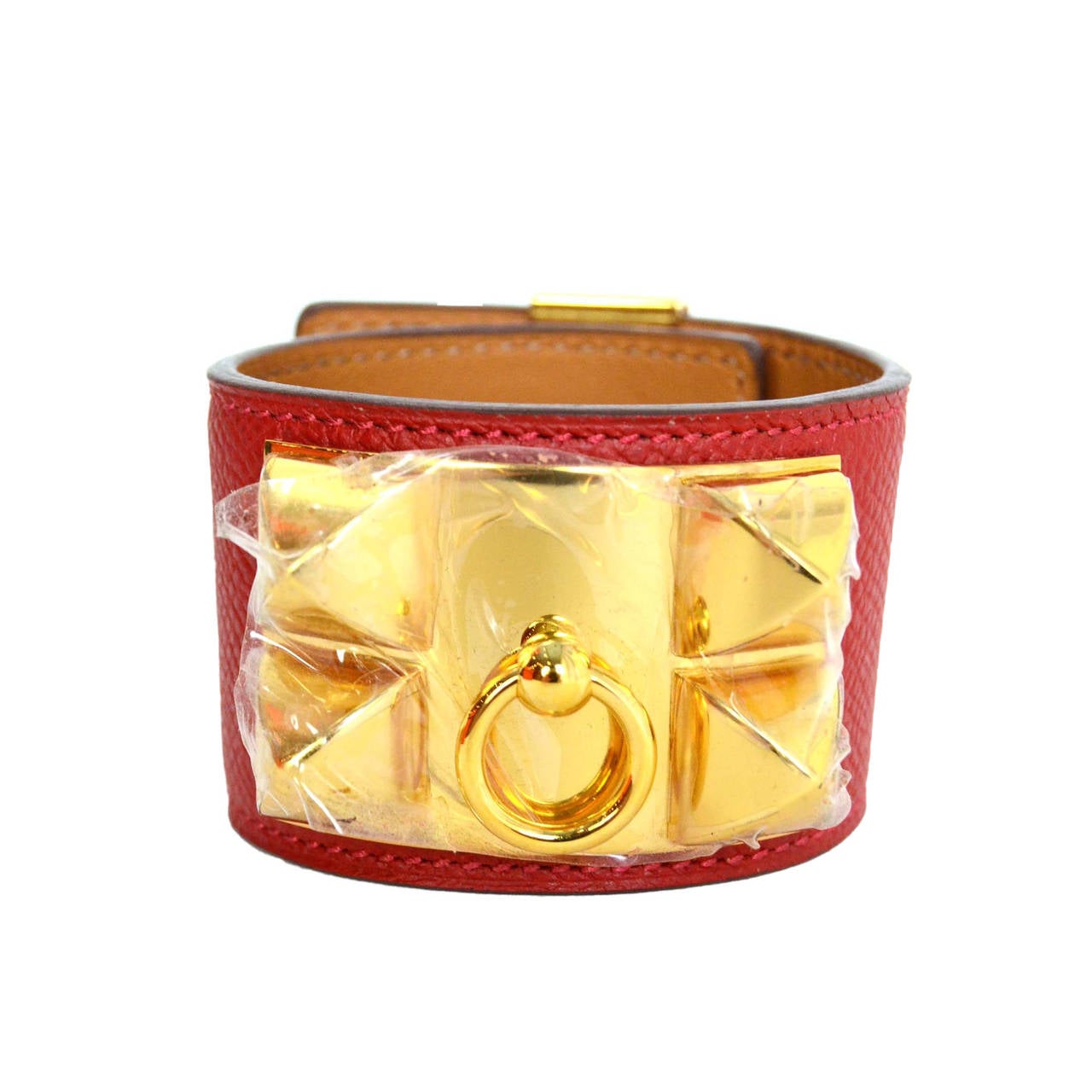 HERMES Rouge Casaque Red Epsom Collier De Chien CDC Cuff Bracelet GHW