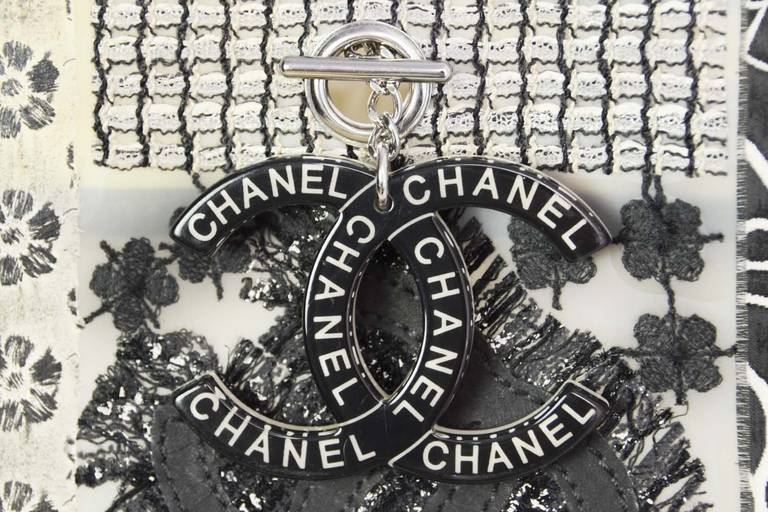 Chanel Rare Tweed & Fabric Patchwork Rubber Tote Bag w Chain & CC Charm In Good Condition In New York, NY