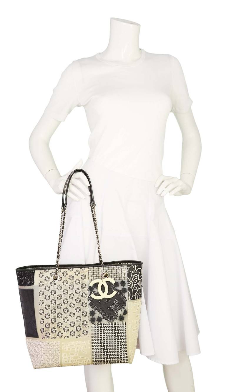 Chanel Rare Tweed & Fabric Patchwork Rubber Tote Bag w Chain & CC Charm 3