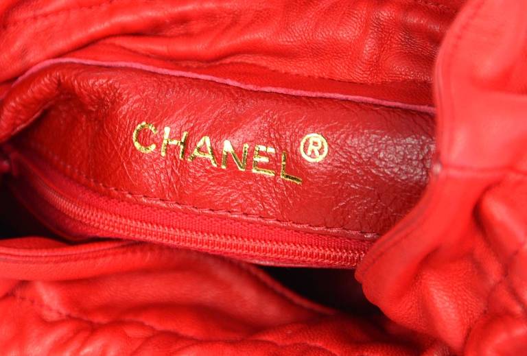 CHANEL Red Satin Quilted Drawstring Crossbody Bag W/Leather Trim 3