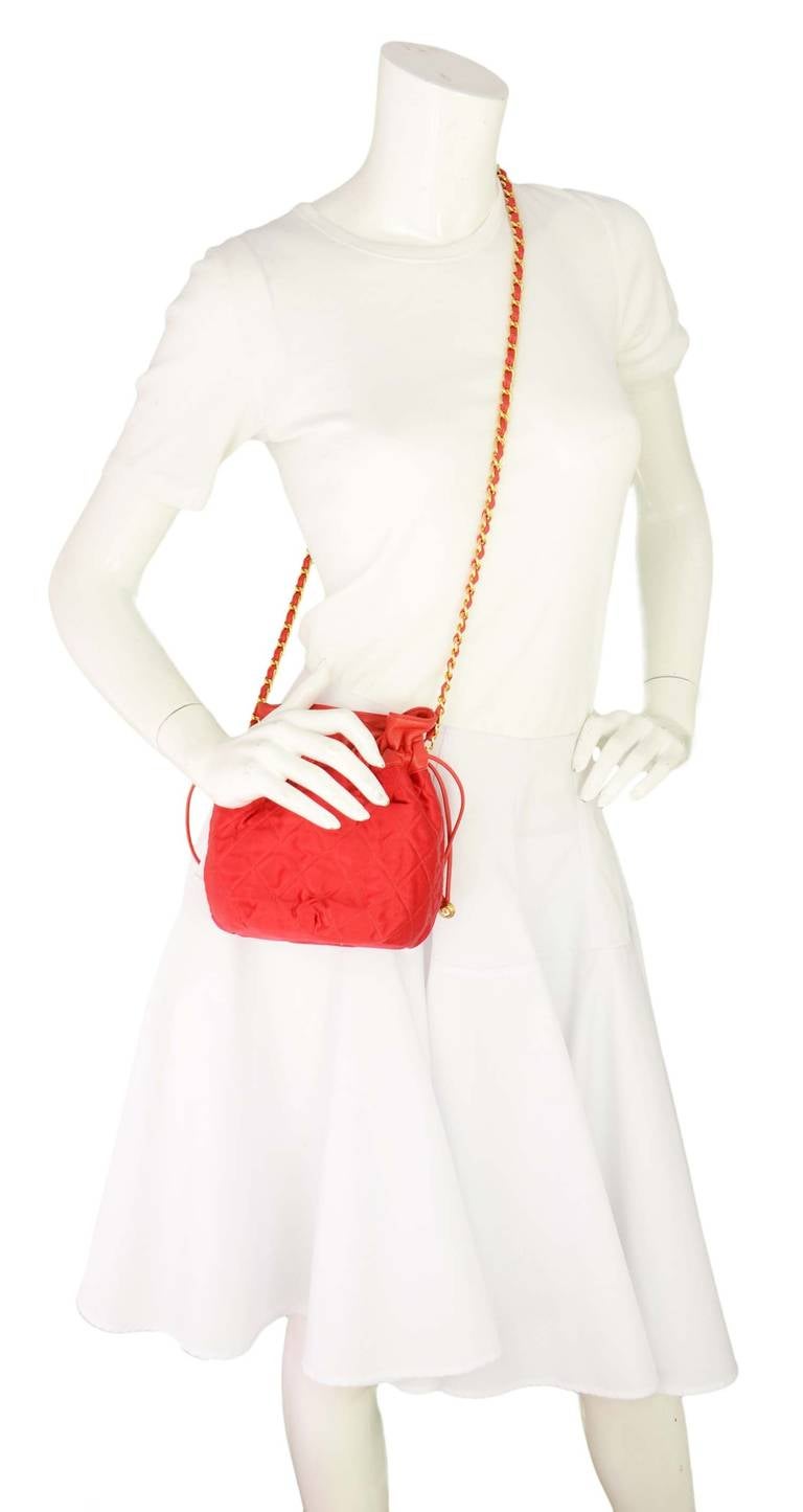 CHANEL Red Satin Quilted Drawstring Crossbody Bag W/Leather Trim 6
