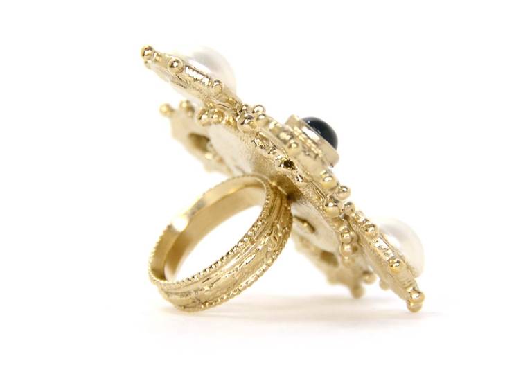 CHANEL 2013 XL Green Plaid/Pearl/Rhinstone Ring sz 6