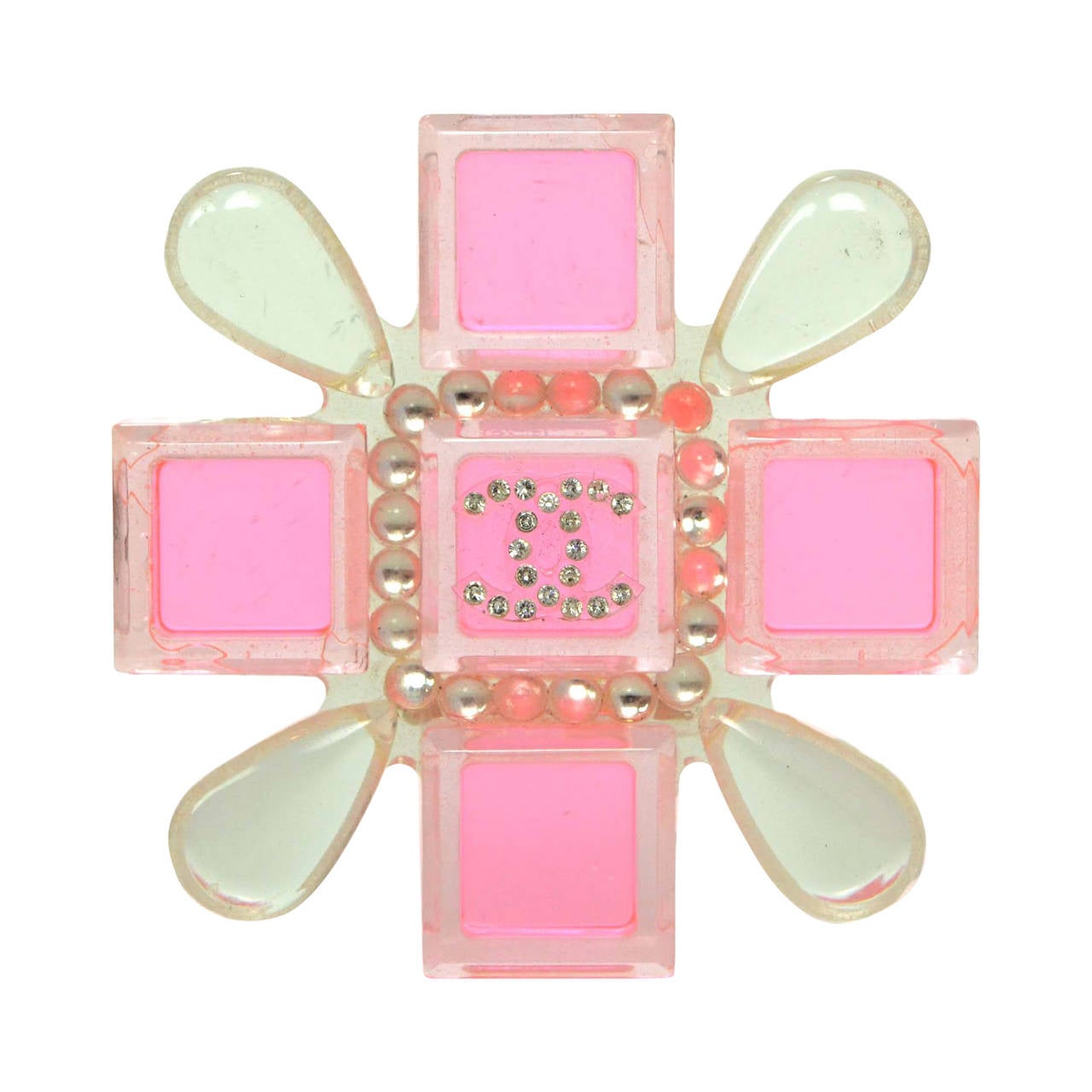 Chanel 2004 Pink & Clear Resin Maltese Cross Brooch Pin