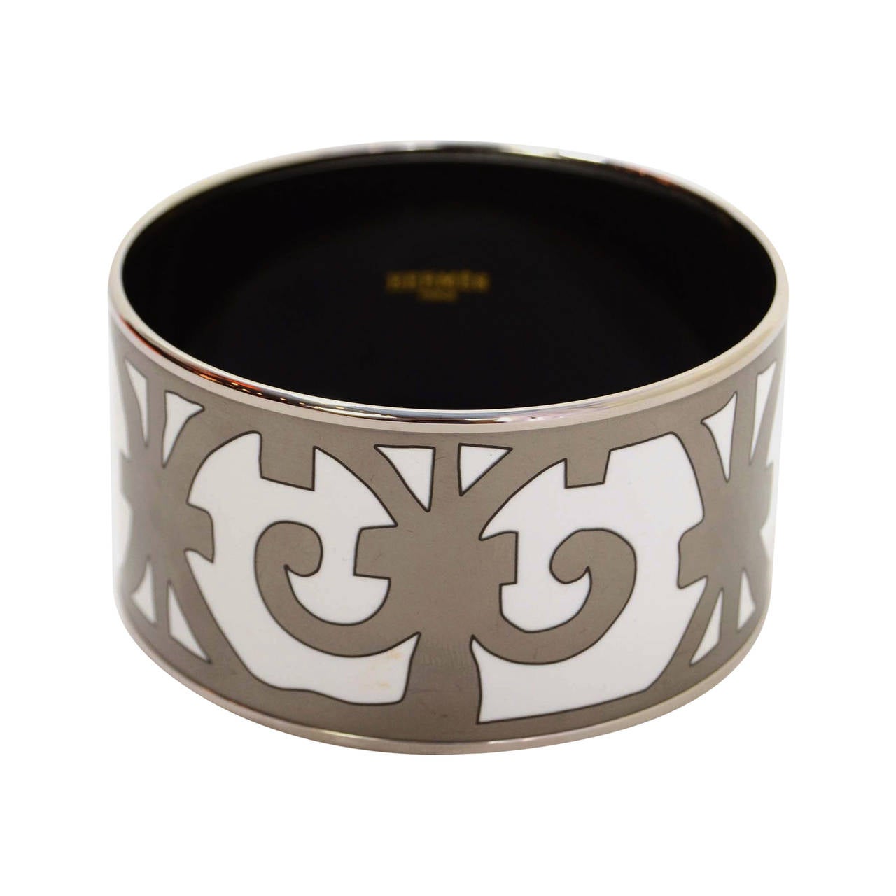 HERMES White & Silver Fleur de Lis Print Enamel Extra Wide Bangle sz 70