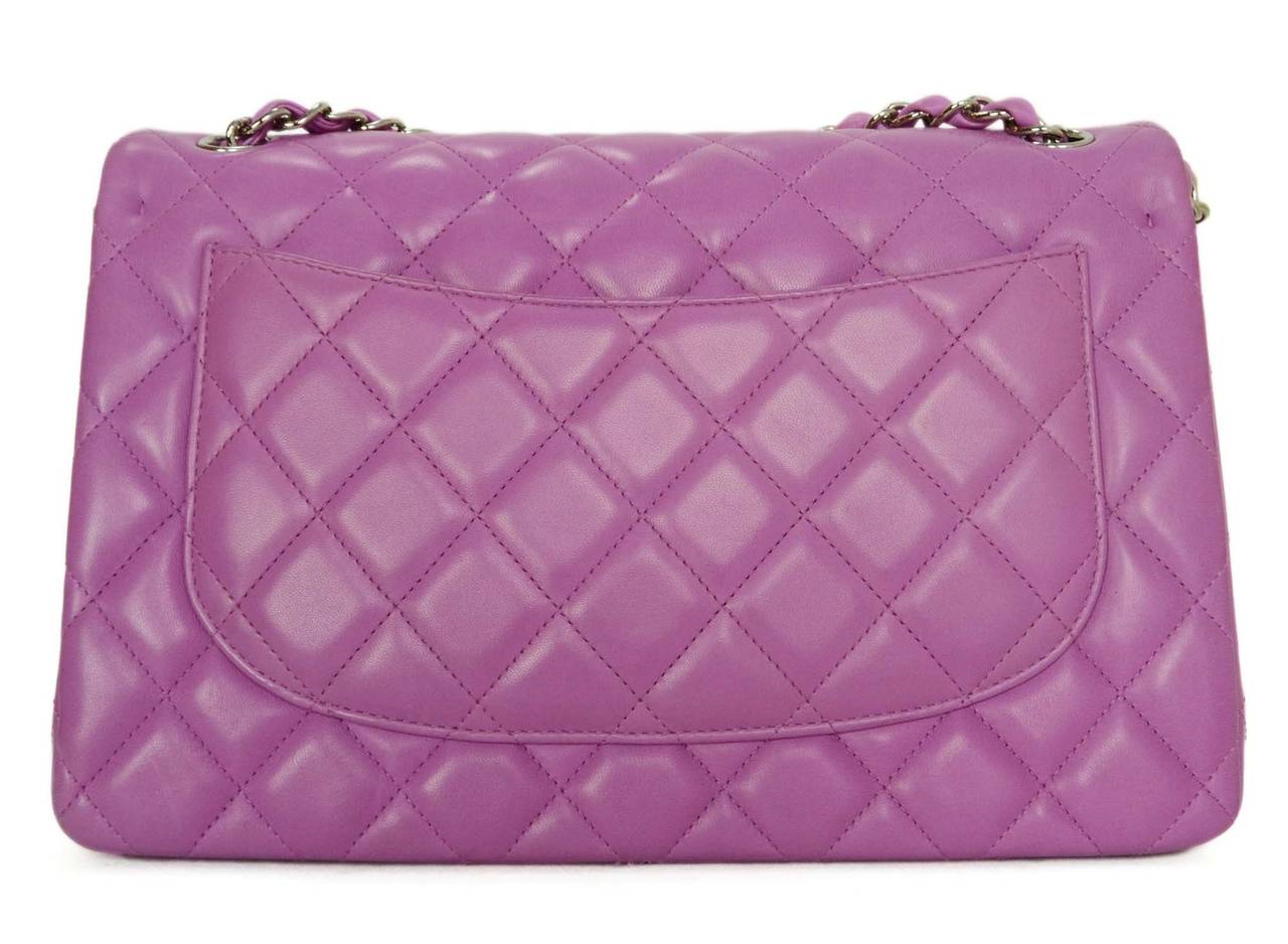 Chanel Lavender Quilted Lambskin Jumbo Classic Double Flap Bag
Features adjustable shoulder strap
Made in: Italy
Year of Production: 2011
Color: Lavender and silvertone
Hardware: Silvertone
Materials: Lambskin and metal
Lining: Lavender