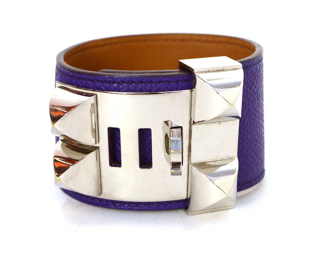 HERMES Purple Epsom Leather Collier De Chien CDC Cuff Bracelet sz S PHW In Excellent Condition In New York, NY