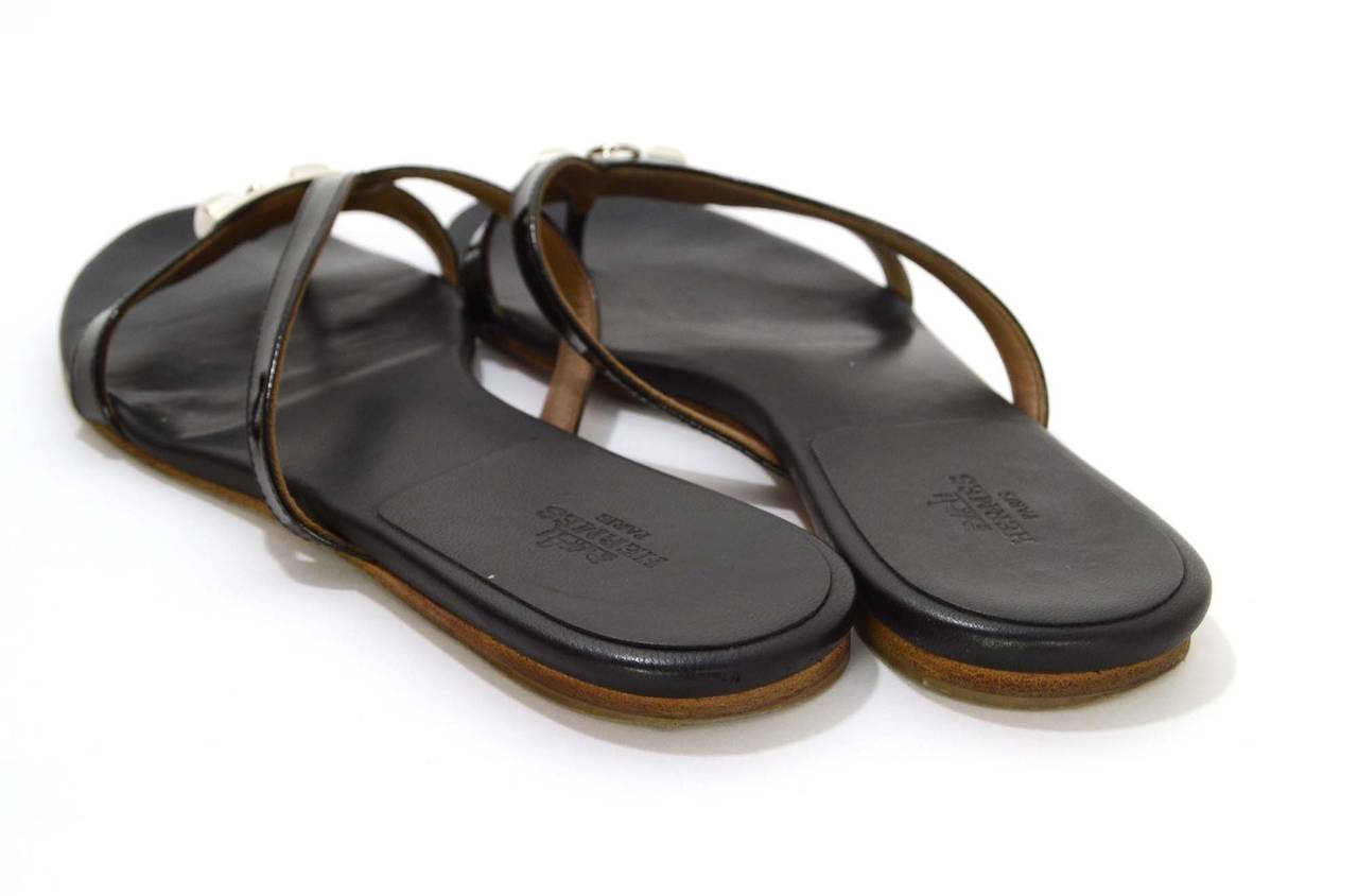 Gray HERMES Black Patent Corfu Medor Sandals sz 37.5