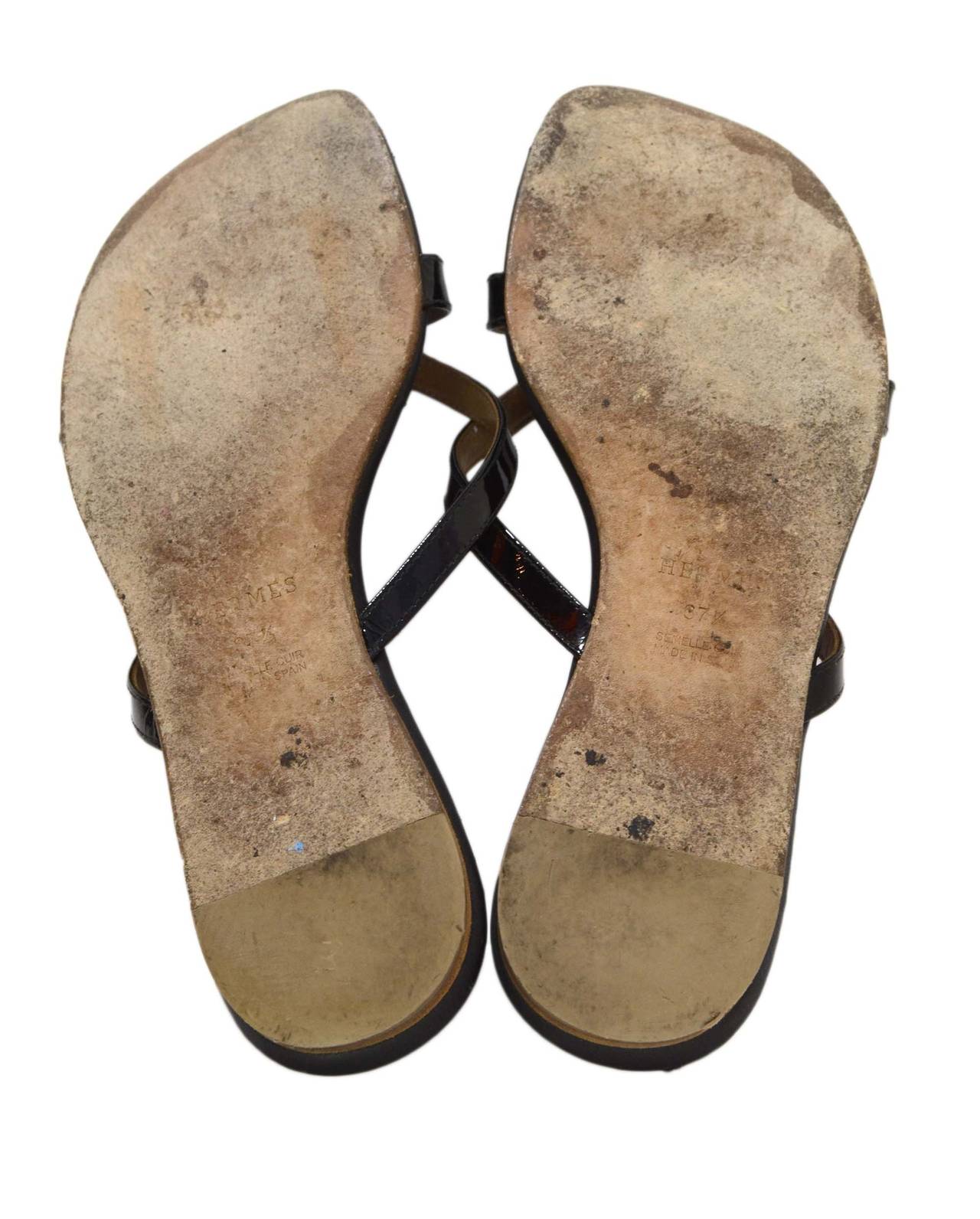 HERMES Black Patent Corfu Medor Sandals sz 37.5 1