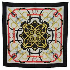 HERMES Black & Red "Eperon d'or" Silk Scarf 90cm