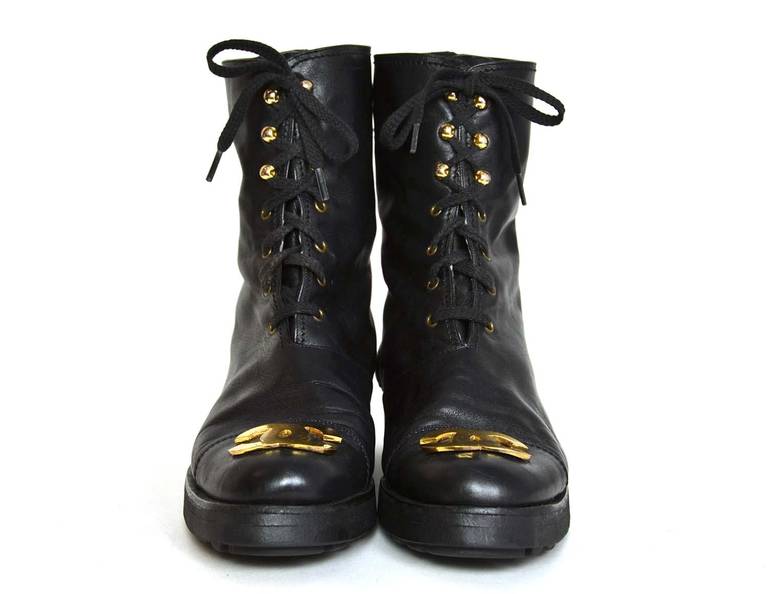 Chanel RARE Black Leather Vintage Combat Short Boots w/ Gold CC Plaque sz.  38.5 at 1stDibs | vintage chanel combat boots, vintage chanel boots, chanel  vintage boots