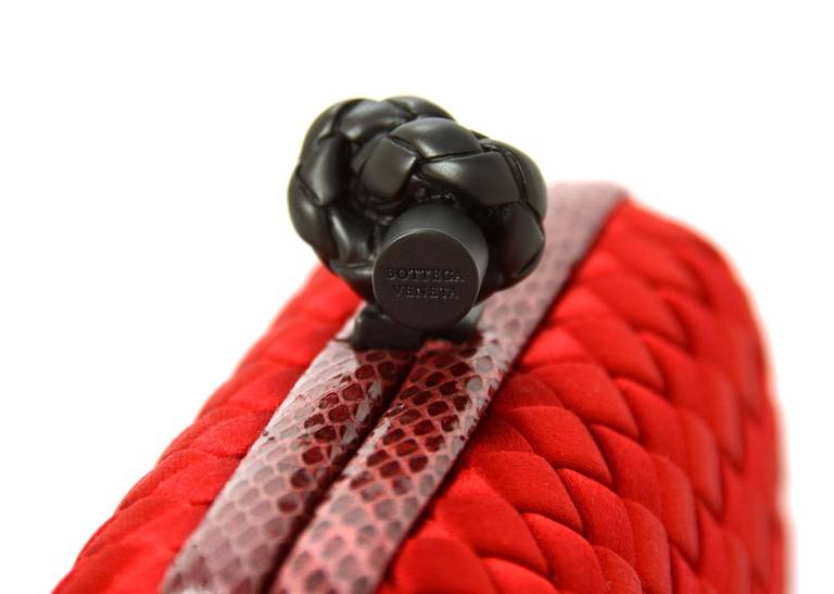 Women's Bottega Veneta Red Satin Woven Knot Clutch w/ Ayers Snake Trim rt. $1, 450