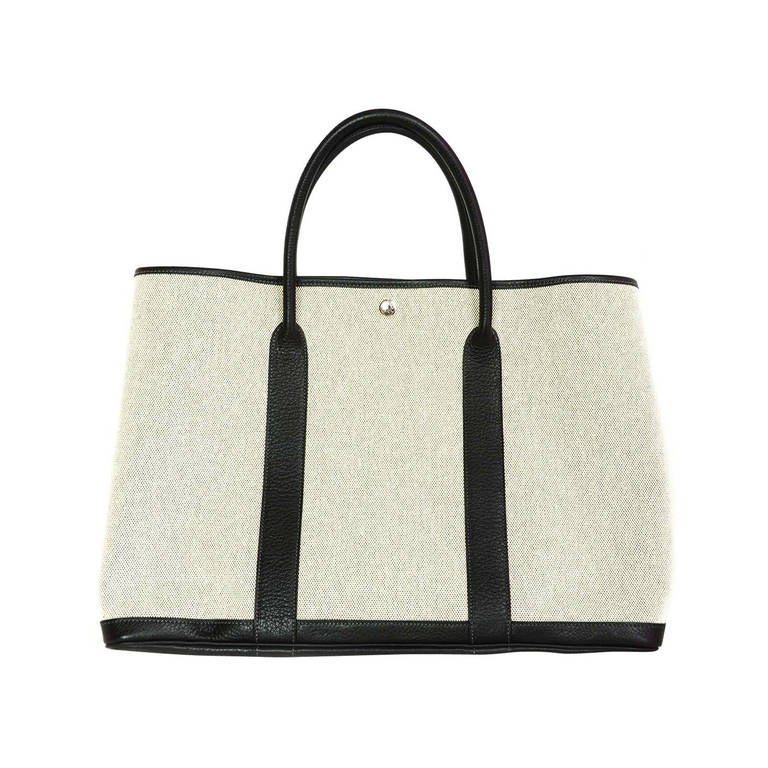 HERMES LARGE HANDHELD BAG Garden Party Grey Canvas and Black 