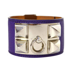 HERMES Purple Epsom Leather Collier De Chien CDC Cuff Bracelet sz S PHW
