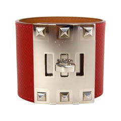 HERMES Red Epsom Leather Kelly Dog Extreme Cuff Bracelet sz S PHW