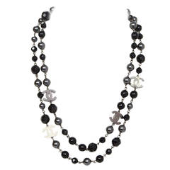CHANEL '15 Black Bead & Grey Pearl Long Strand Necklace