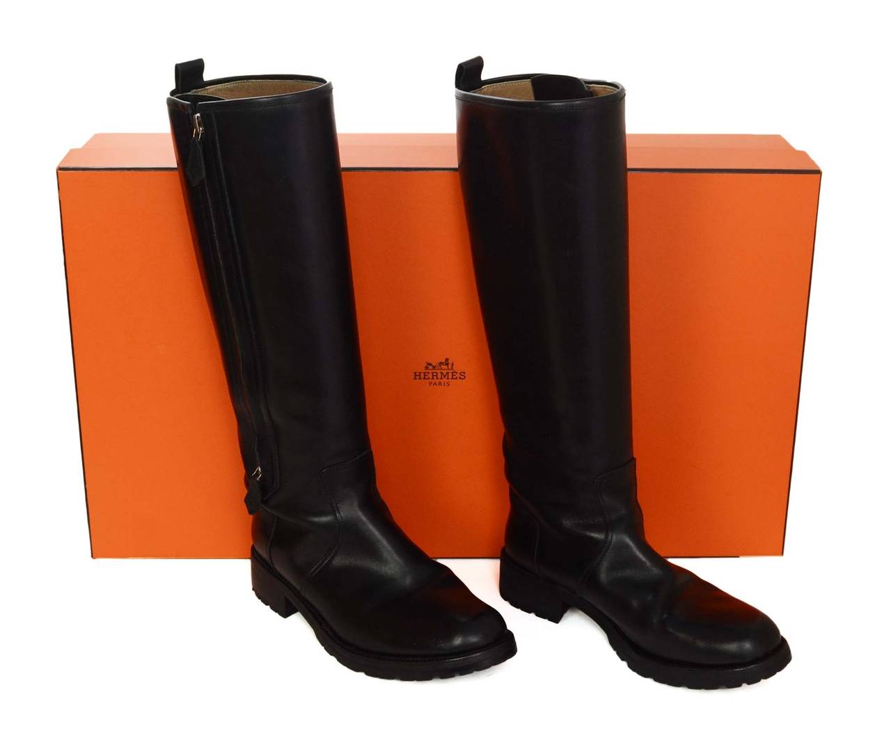 HERMES Black Leather Tall Riding Boots sz 37.5 2