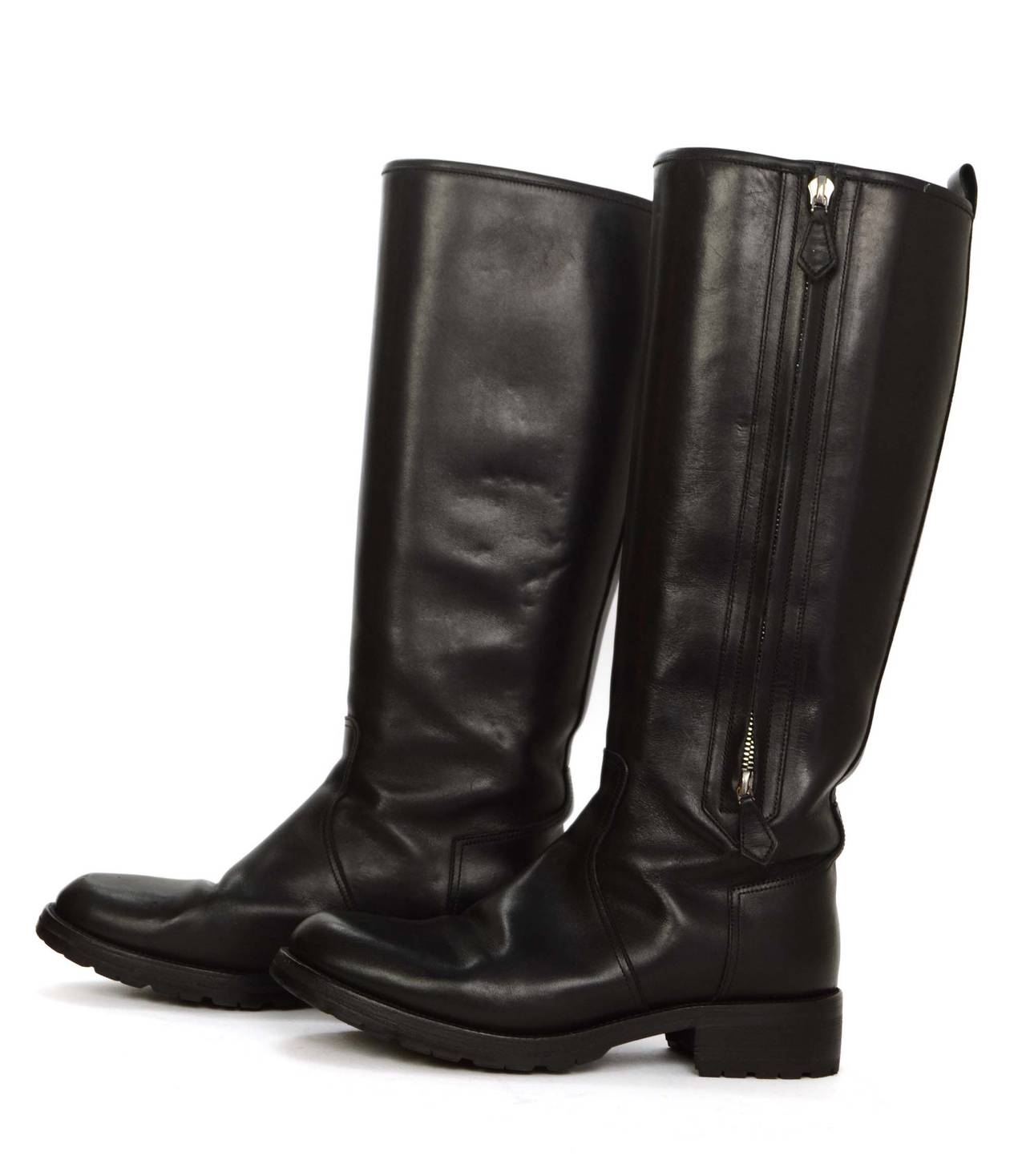Hermes Black Leather Tall Riding Boots
Made in: Italy
Color: Black
Composition: Leather
Sole Stamp: Hermes Made in Italy
Closure/opening: Interior side zipper
Overall Condition: Excellent pre-owned condition with the exception of some scuffs