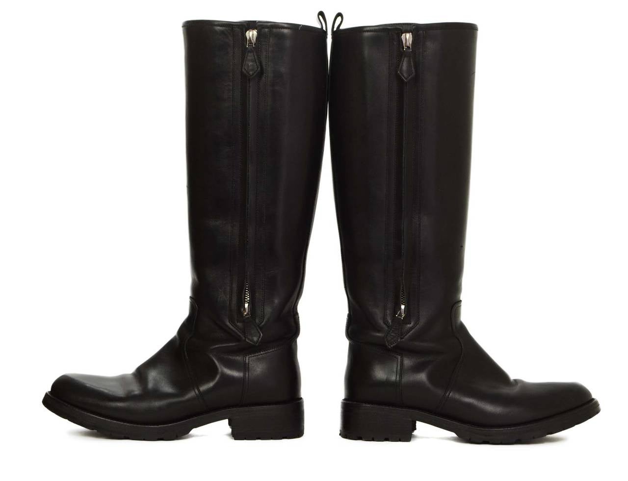 HERMES Black Leather Tall Riding Boots sz 37.5 In Excellent Condition In New York, NY