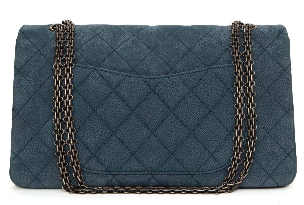 CHANEL Iridescent Blue Quilted Caviar 2.55 Re-Issue 227 Double Flap Bag SHW In Excellent Condition In New York, NY