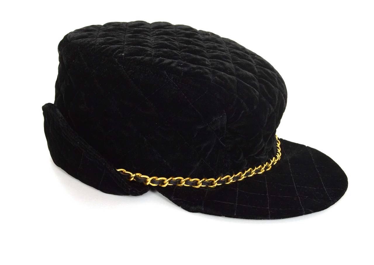 CHANEL Black Quilted Velvet Trapper Hat sz 58 In Excellent Condition In New York, NY