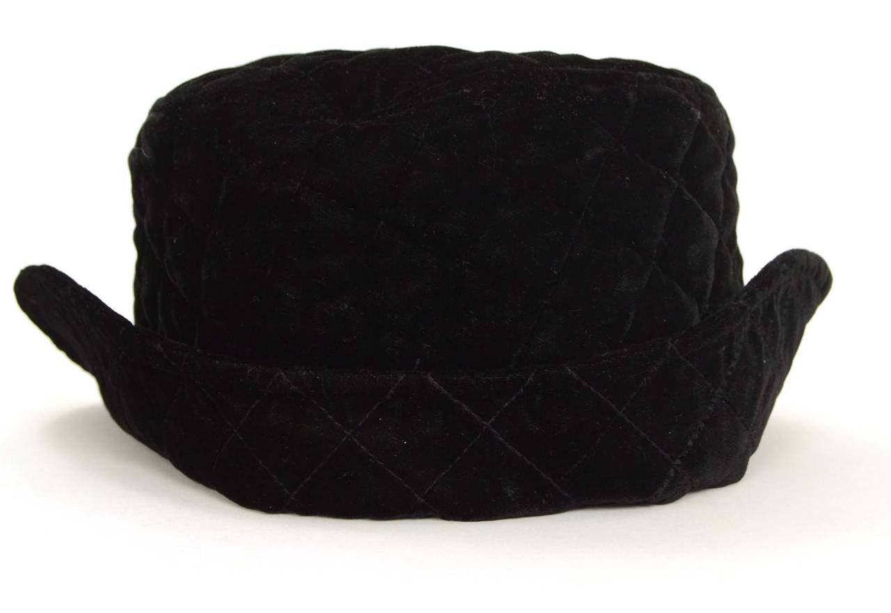 Women's CHANEL Black Quilted Velvet Trapper Hat sz 58