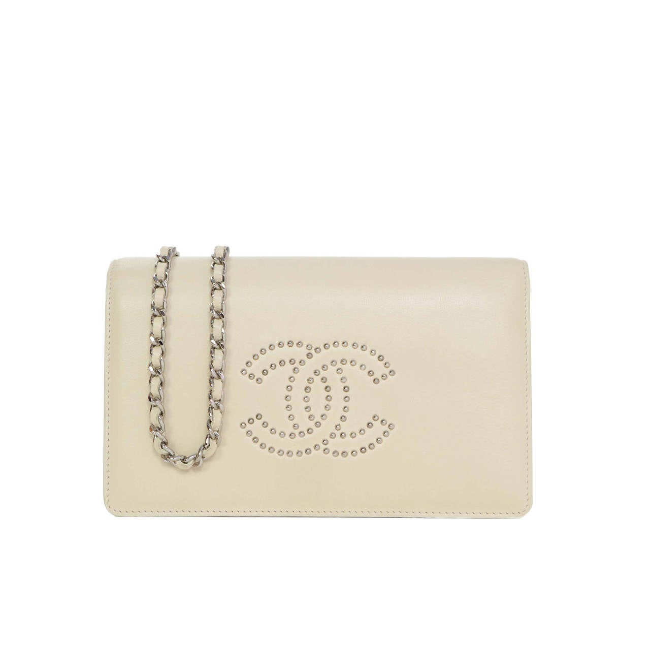 CHANEL Cream Leather Studded CC Wallet On Chain WOC Bag SHW