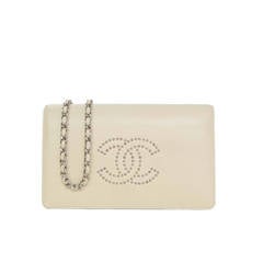 CHANEL Cream Leather Studded CC Wallet On Chain WOC Bag SHW