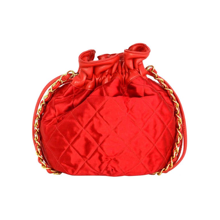 CHANEL Red Satin Quilted Drawstring Crossbody Bag W/Leather Trim