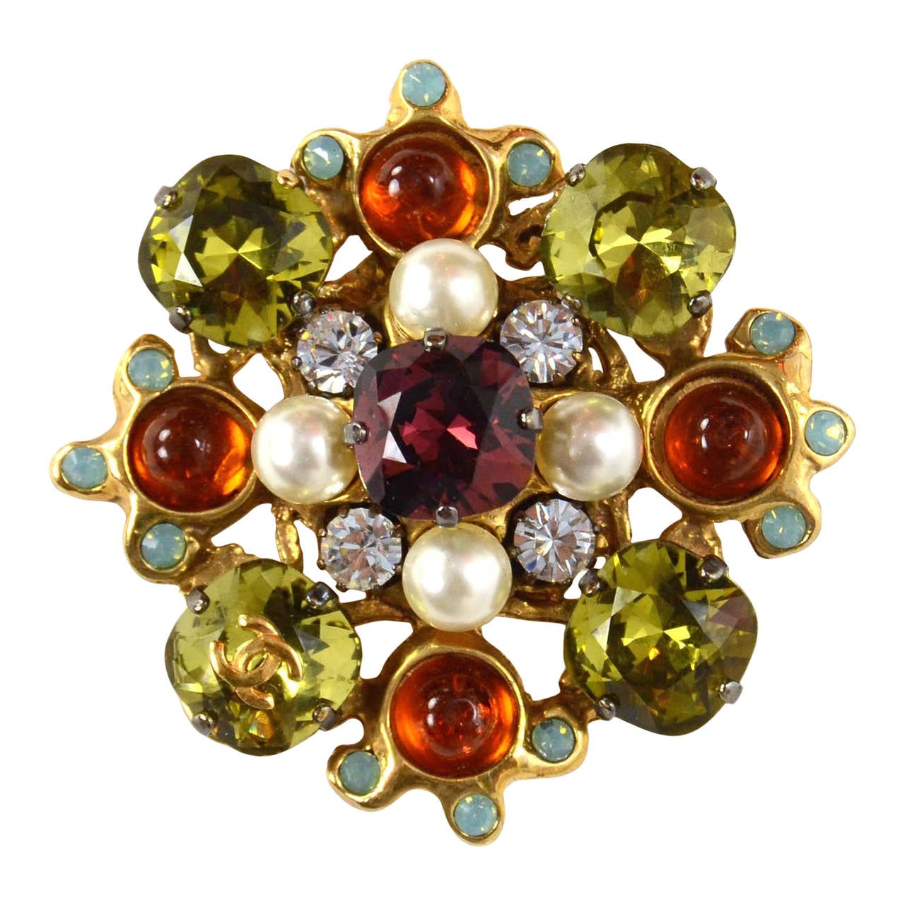 CHANEL Multi-Color Crystal and Pearl Brooch at 1stDibs