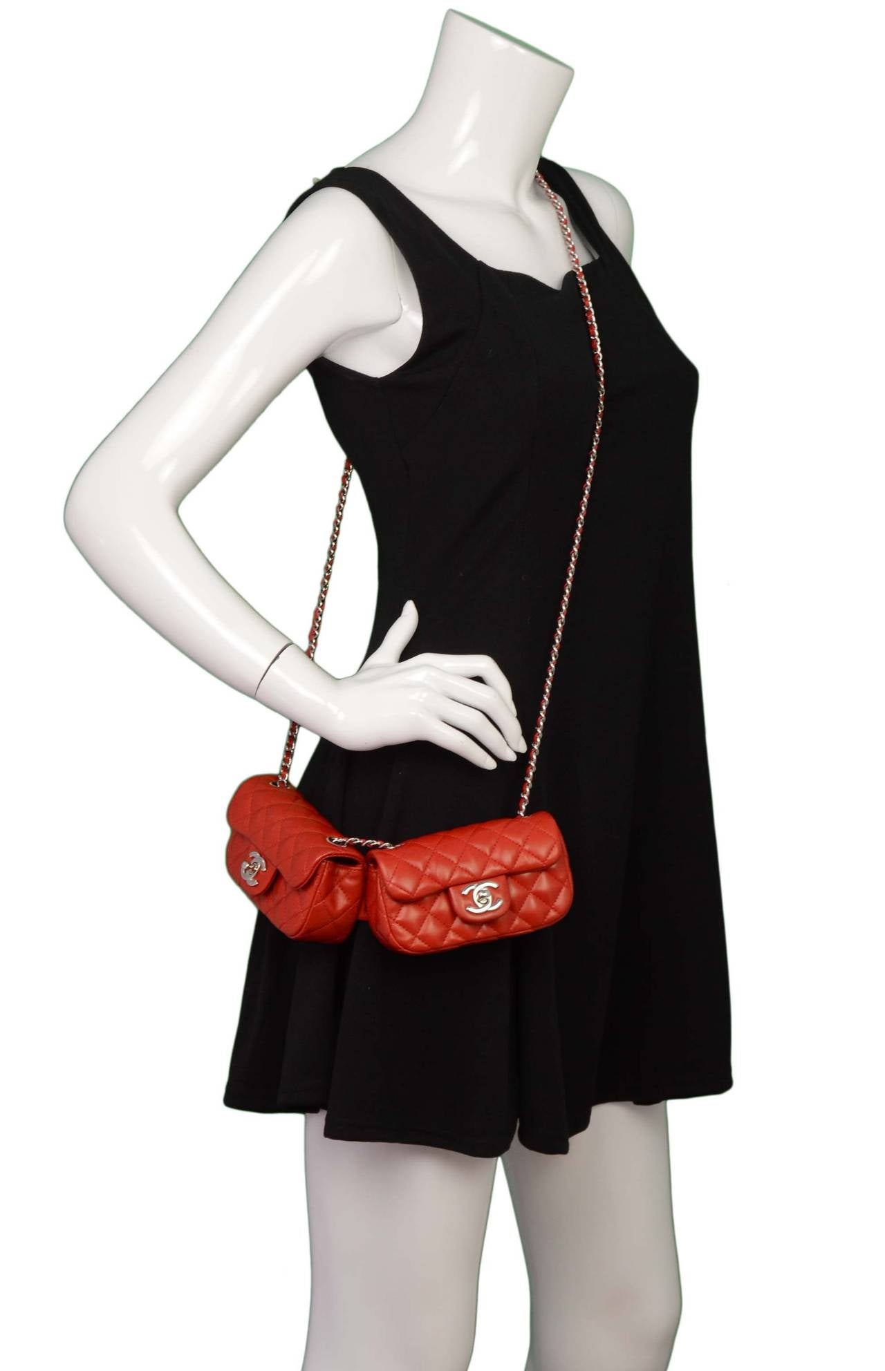 CHANEL Red Quilted Lambskin Double Mini Crossbody Flap Bag SHW at