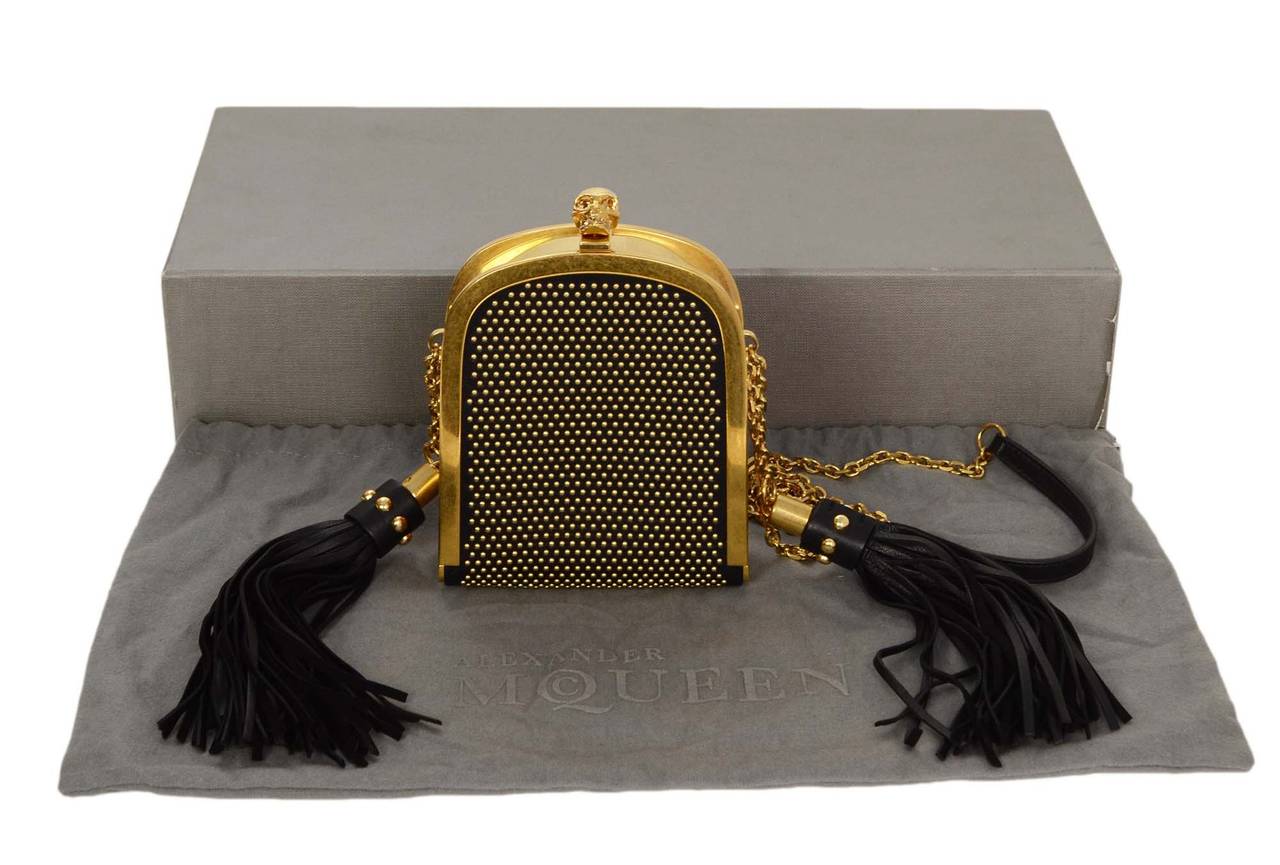 ALEXANDER MCQUEEN Black Leather Gold Studded Tassel & Skull Evening Bag GHW 4