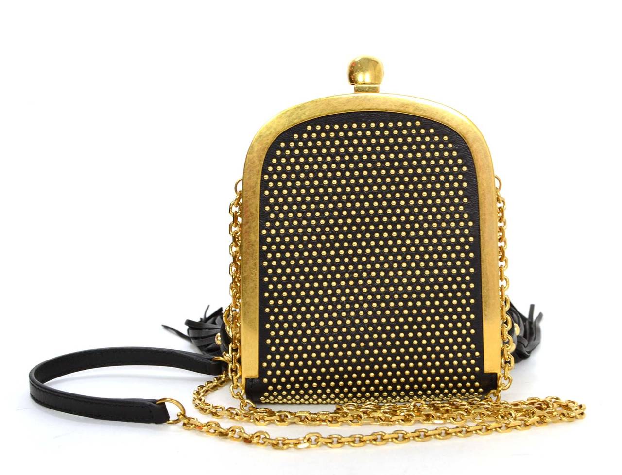 ALEXANDER MCQUEEN Black Leather Gold Studded Tassel & Skull Evening Bag GHW In Excellent Condition In New York, NY