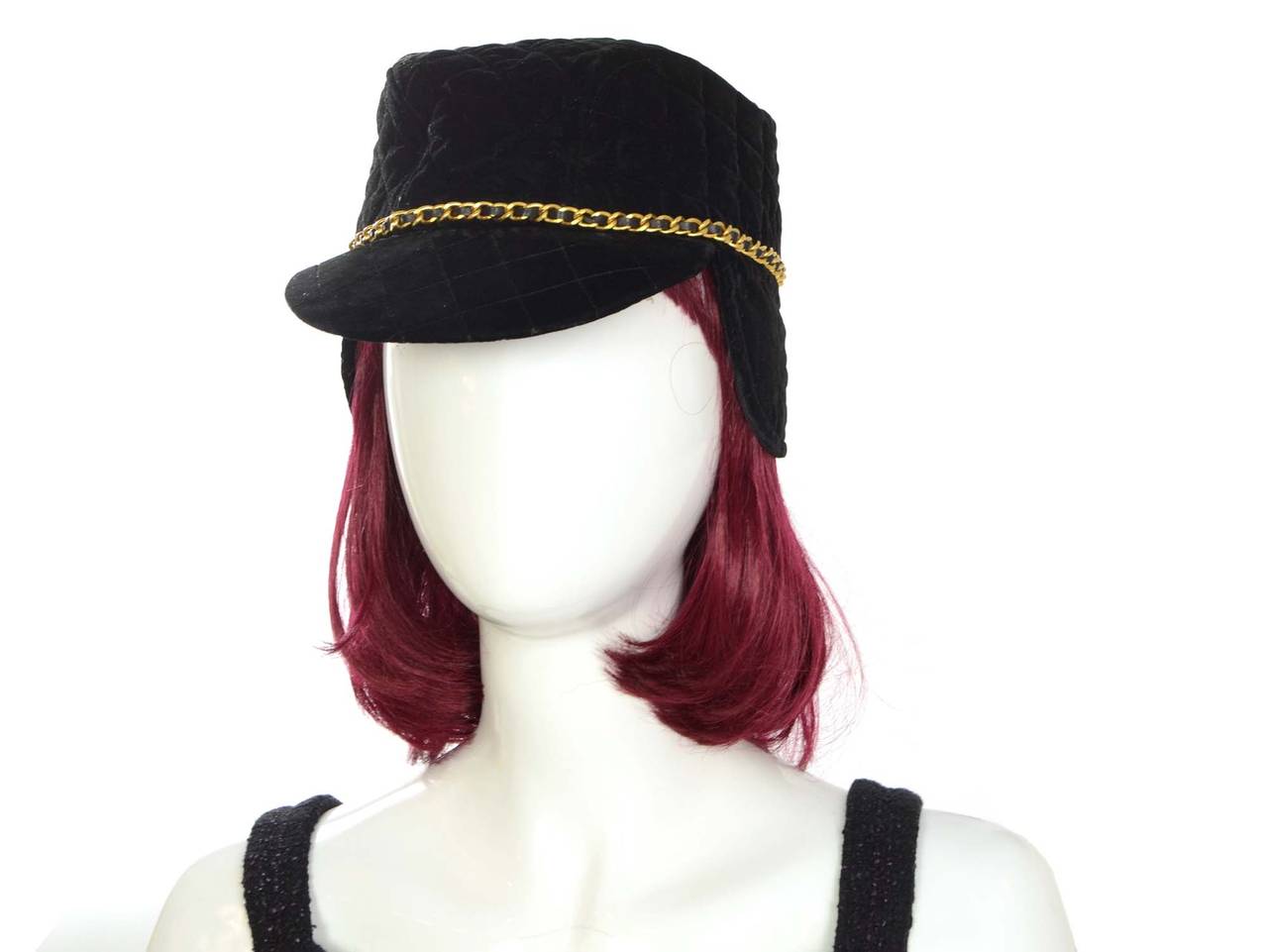 CHANEL Black Quilted Velvet Trapper Hat sz 58 3