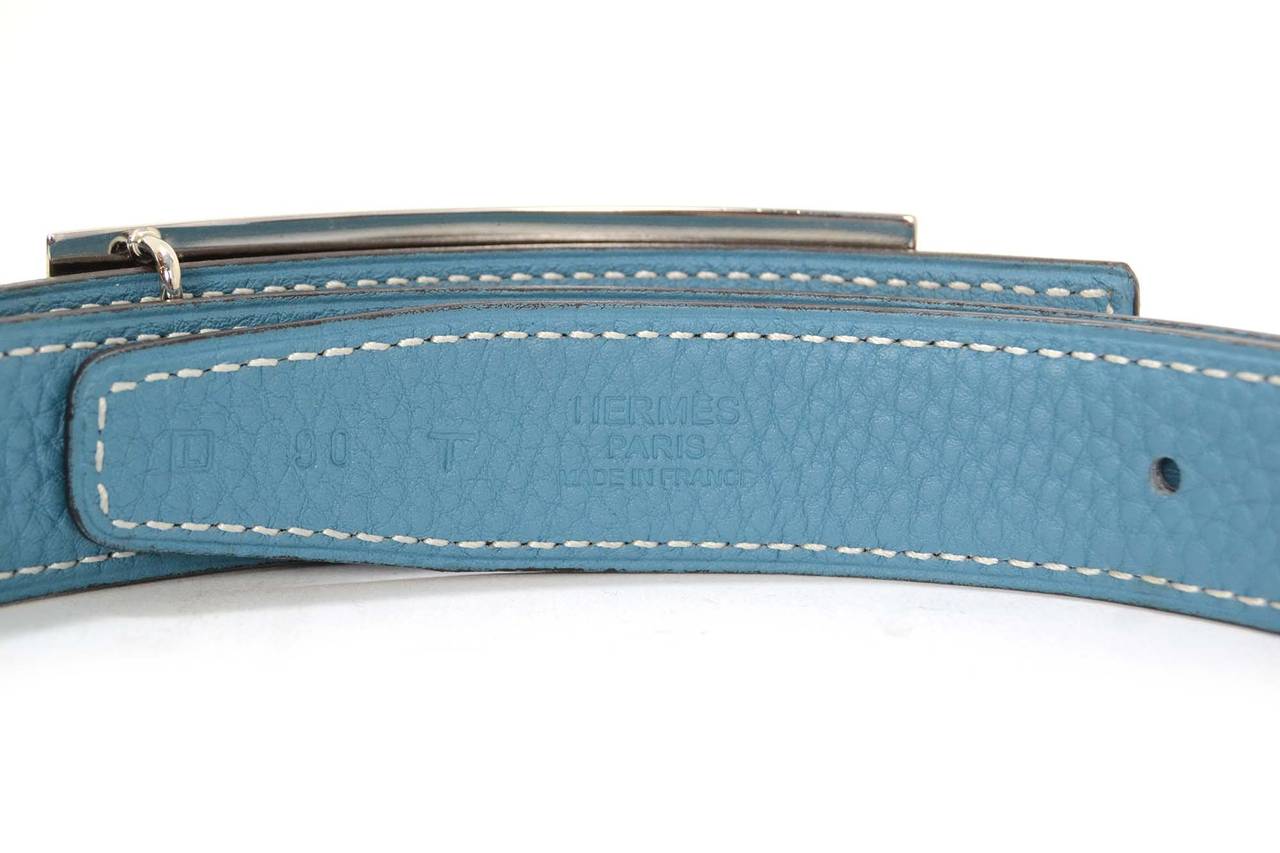 HERMES Black & Pale Blue Leather Reversible Medor Belt sz 90 PHW In Excellent Condition In New York, NY