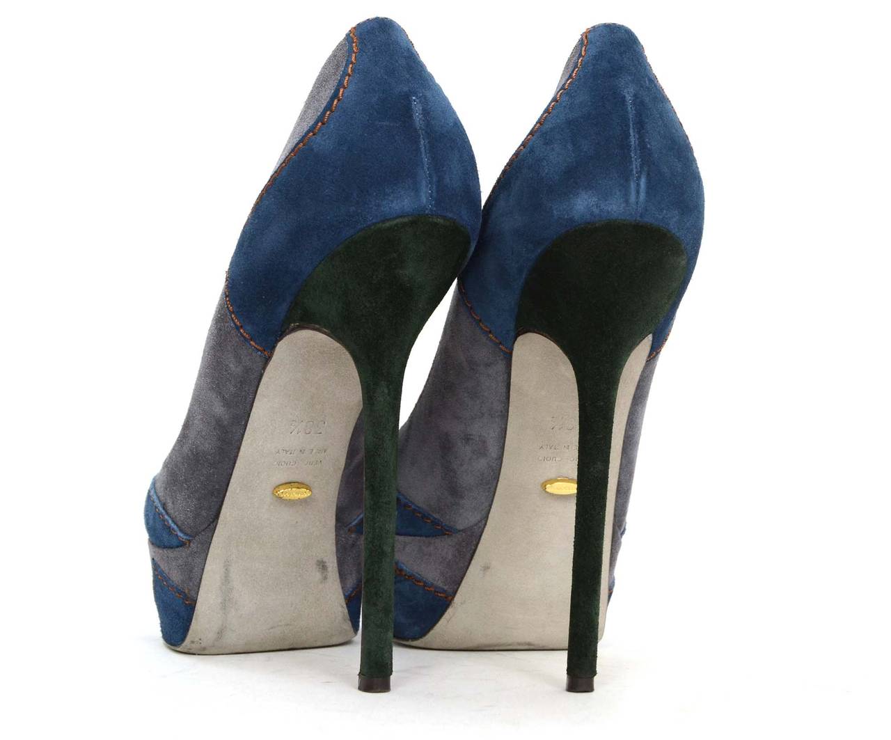 Women's SERGIO ROSSI Blue & Grey Suede Platform Pumps sz 38.5