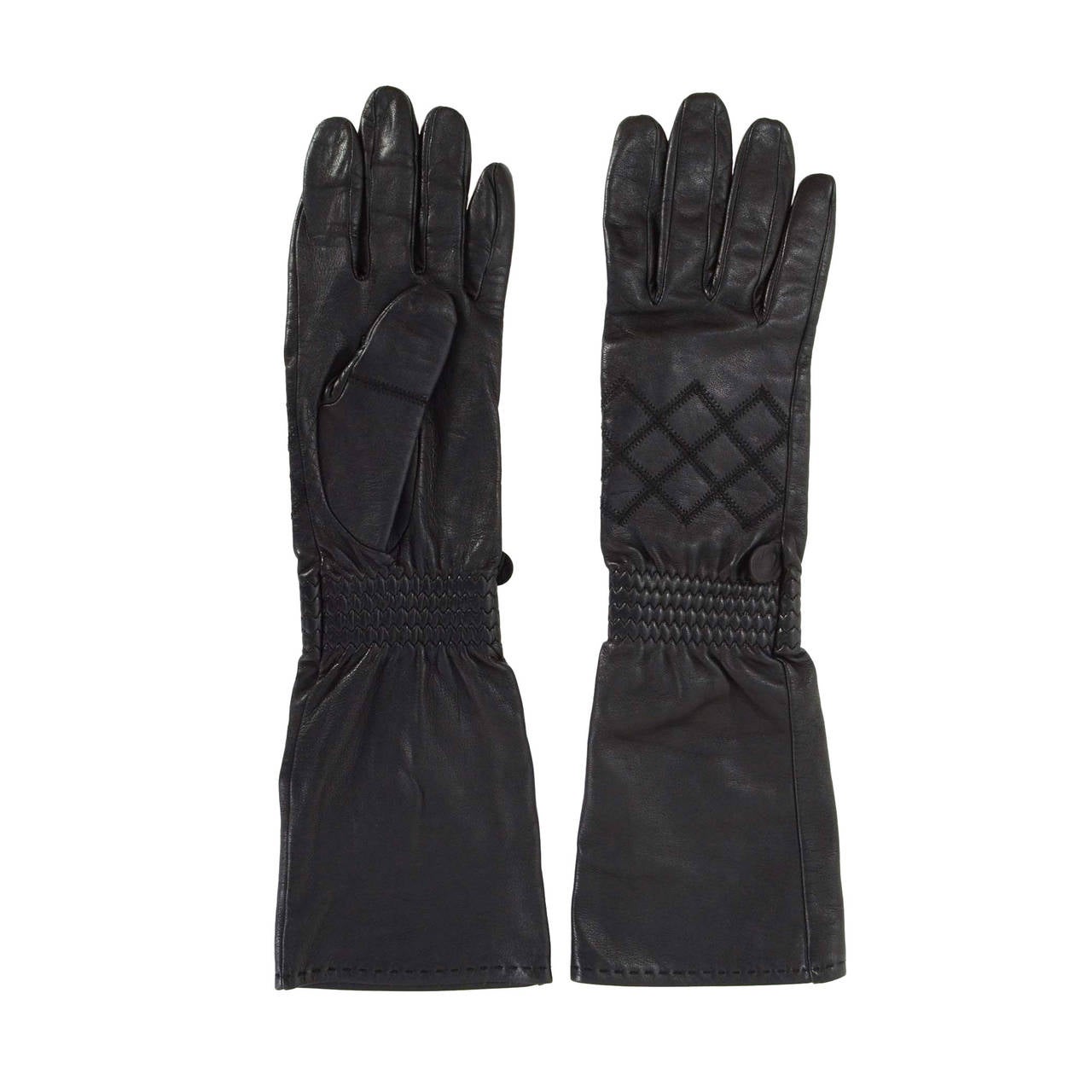 CHANEL Black Leather 3/4 Sleeve Gloves sz 7.5