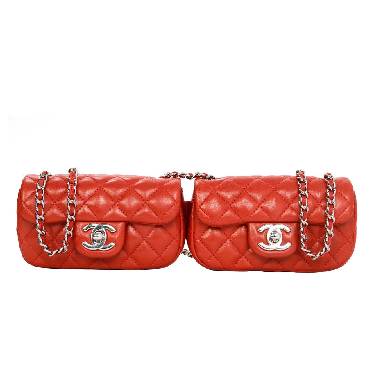 CHANEL Red Quilted Lambskin Double Mini Crossbody Flap Bag SHW at