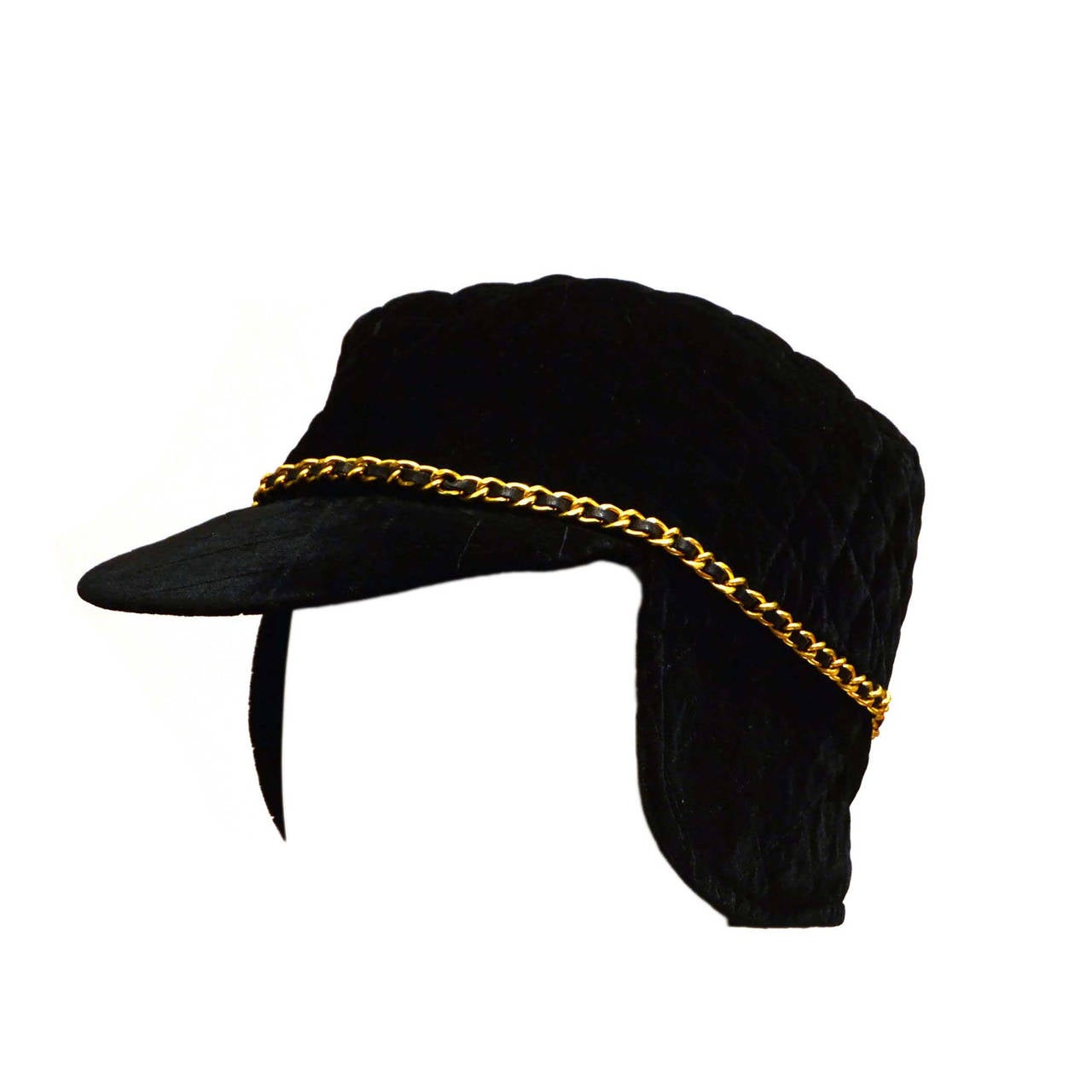 CHANEL Black Quilted Velvet Trapper Hat sz 58