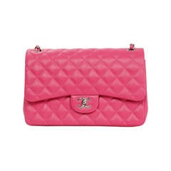 CHANEL 2014 Pink Lambskin Quilted Double Flap Classic Jumbo