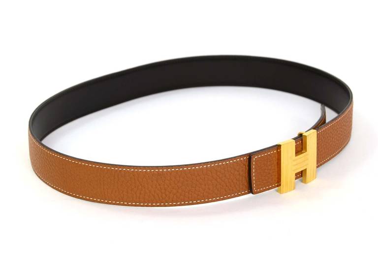 HERMES Reversible Tan & Black Leather Belt W/ Ridged Gold "H" Buckle