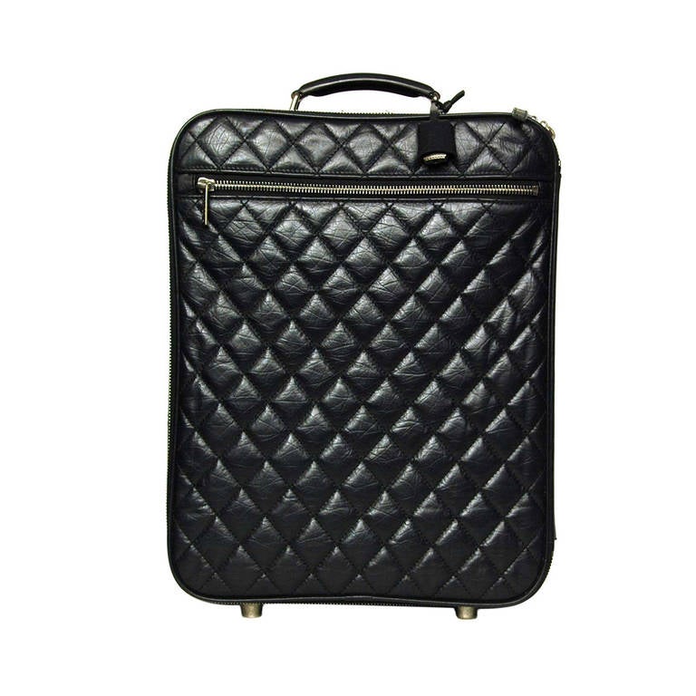 Chanel 2007 Black Distressed Quilted Leather Rolling Suitcase