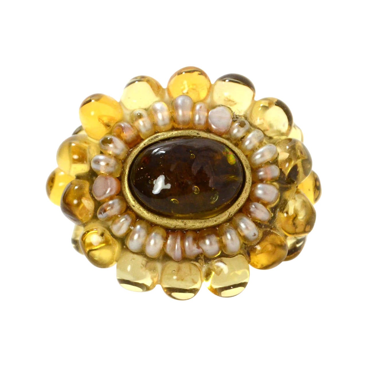 Chanel Pearl & Amber Glass Ring sz 6.5