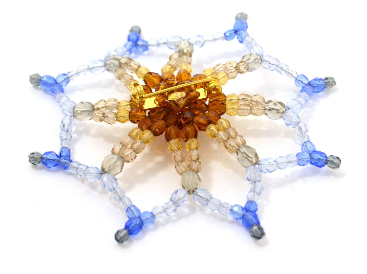Chanel Vintage '98 Blue & Amber Beaded Flower Brooch Pin In Excellent Condition In New York, NY
