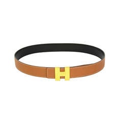 HERMES Reversible Tan 
Black Leather Belt W/ Ridged Gold "H" Buckle