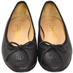 Chanel 2014 Black Caviar Leather Ballet Flat Shoes sz 34